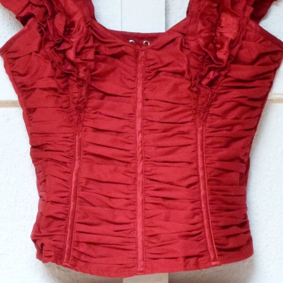 BEBE Red Silk Trim Ruffle Fiesta Lace Up Rear Cropped Corset Bustier | Size XS - Picture 4 of 7